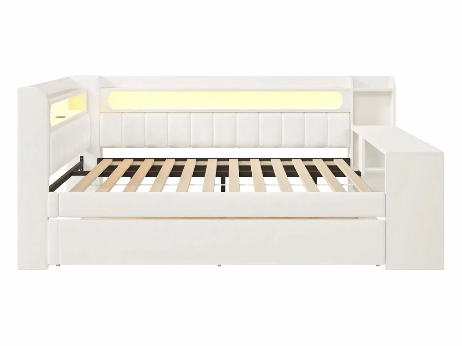 Discount Sofá cama acolchado 140x200 cm - con puertos USB y LED - con cama nido y escritorio - (sin colchón) Cama Diván