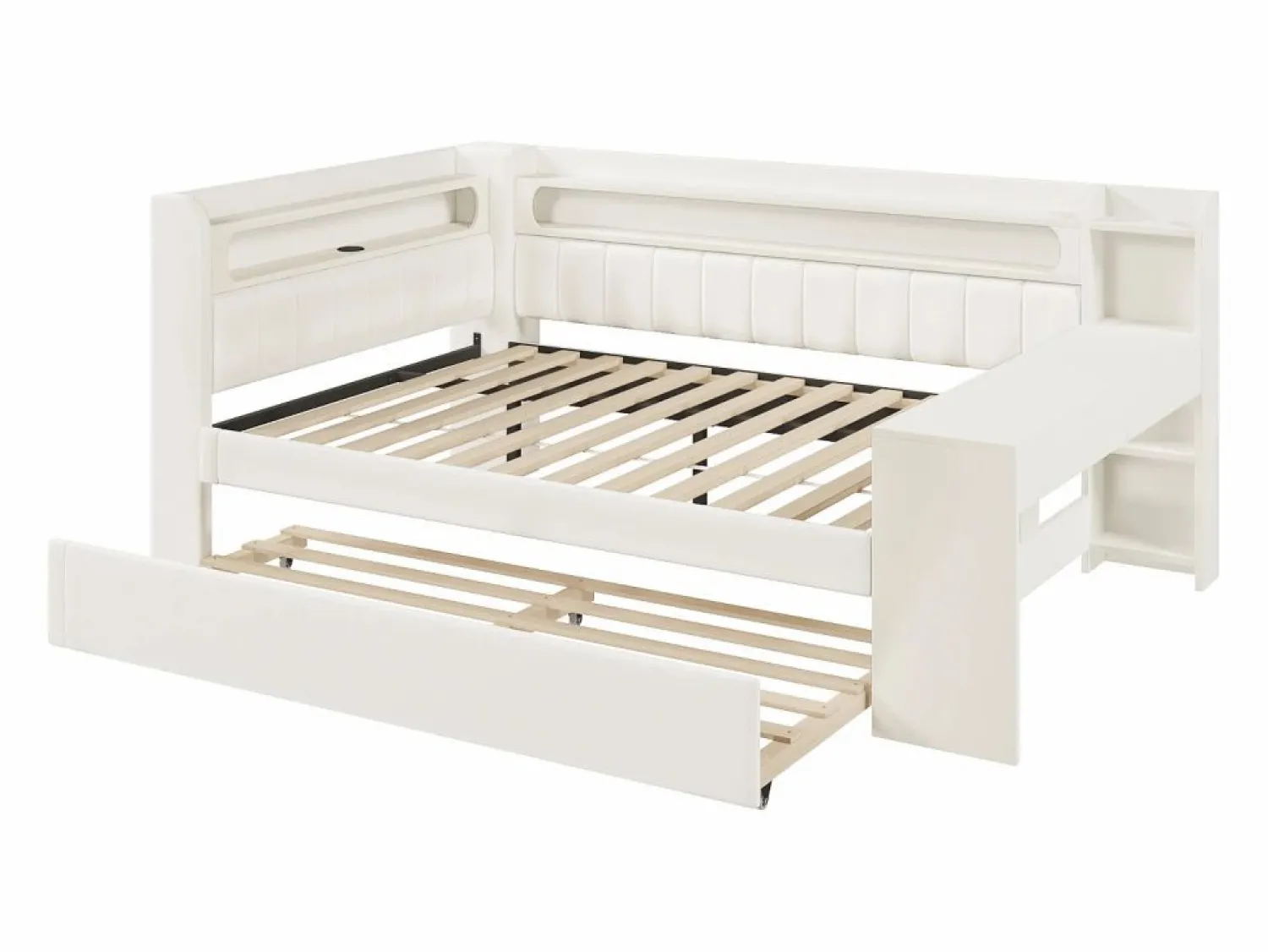 Discount Sofá cama acolchado 140x200 cm - con puertos USB y LED - con cama nido y escritorio - (sin colchón) Cama Diván