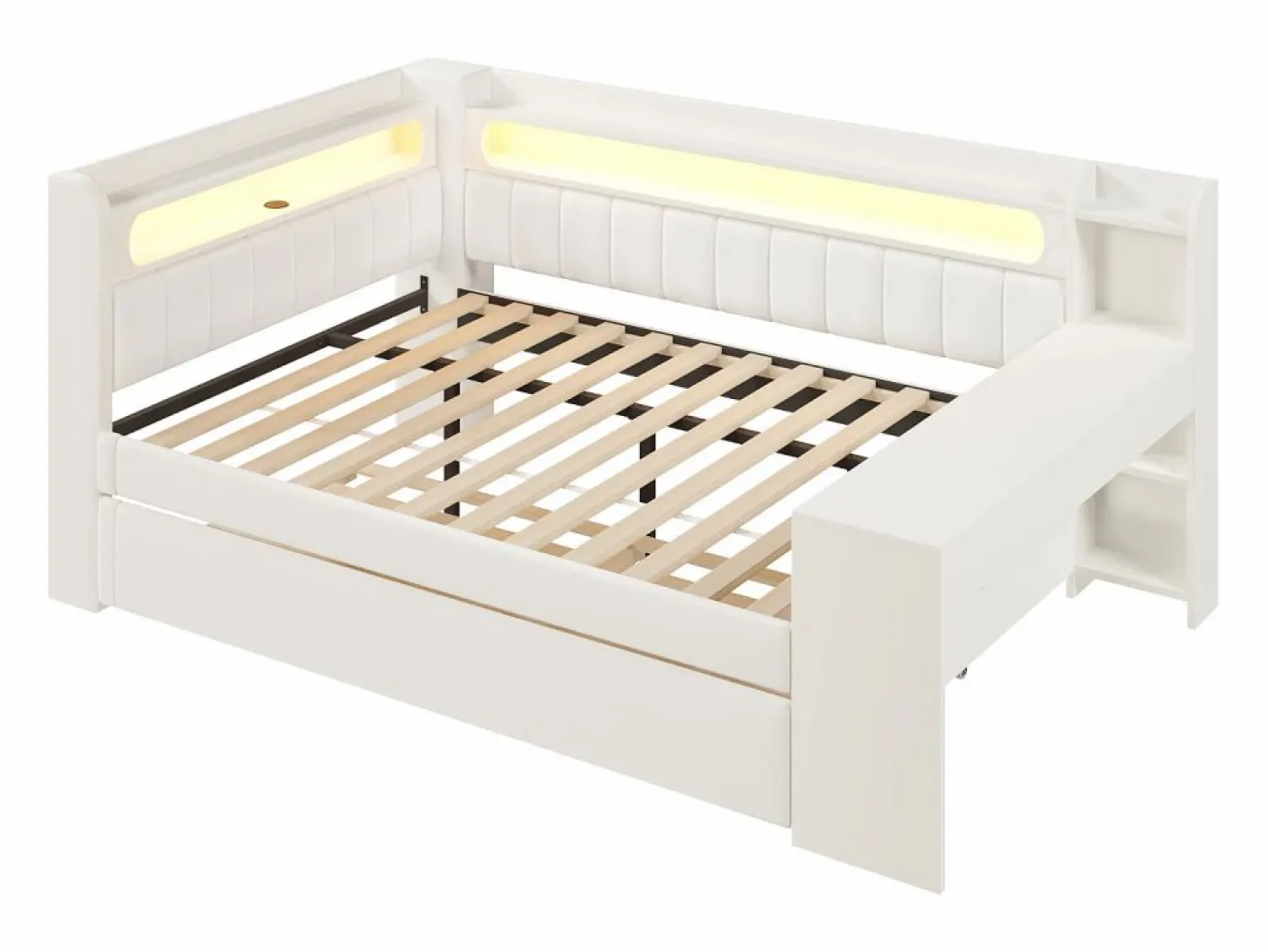 Discount Sofá cama acolchado 140x200 cm - con puertos USB y LED - con cama nido y escritorio - (sin colchón) Cama Diván