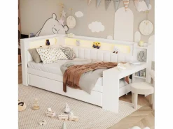 ModernLuxe Sofá cama acolchado 90x200 cm - con puertos USB y LED - con cama nido y escritorio - (sin colchón)