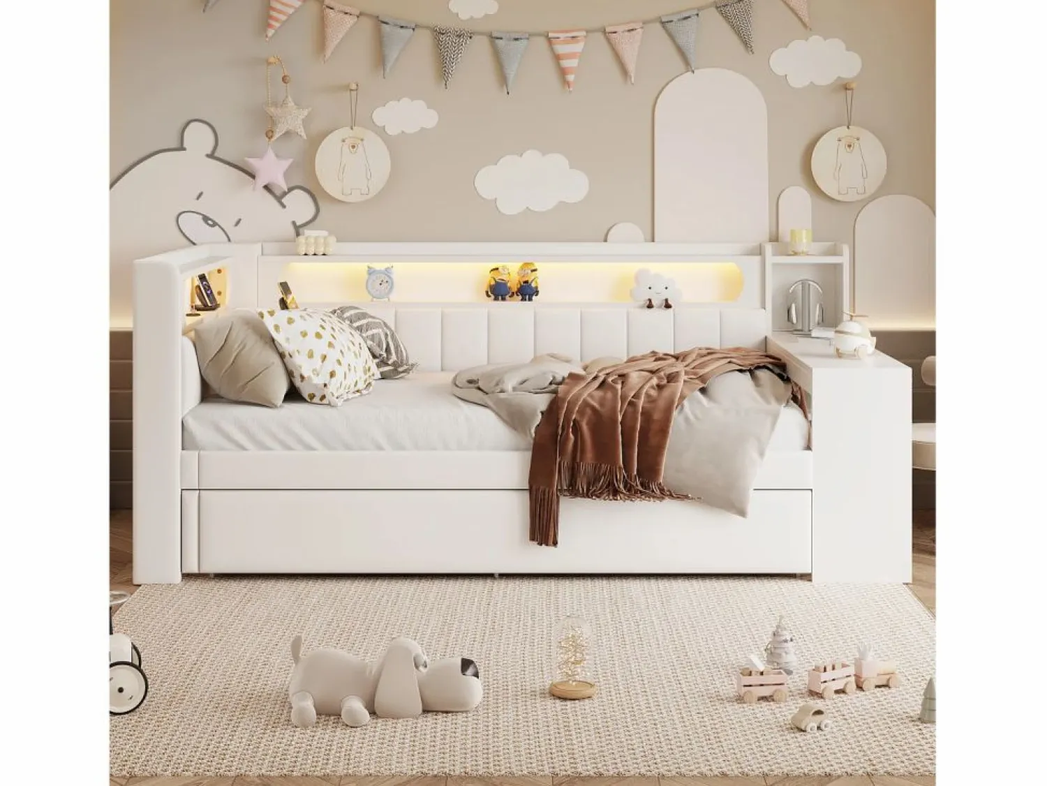 ModernLuxe Sofá cama acolchado 90x200 cm - con puertos USB y LED - con cama nido y escritorio - (sin colchón)