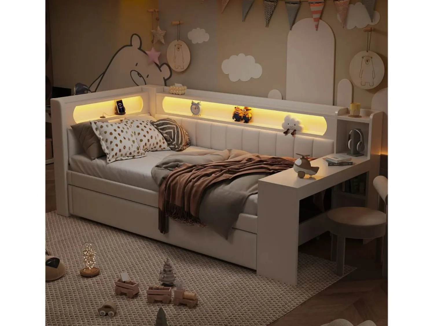 ModernLuxe Sofá cama acolchado 90x200 cm - con puertos USB y LED - con cama nido y escritorio - (sin colchón)