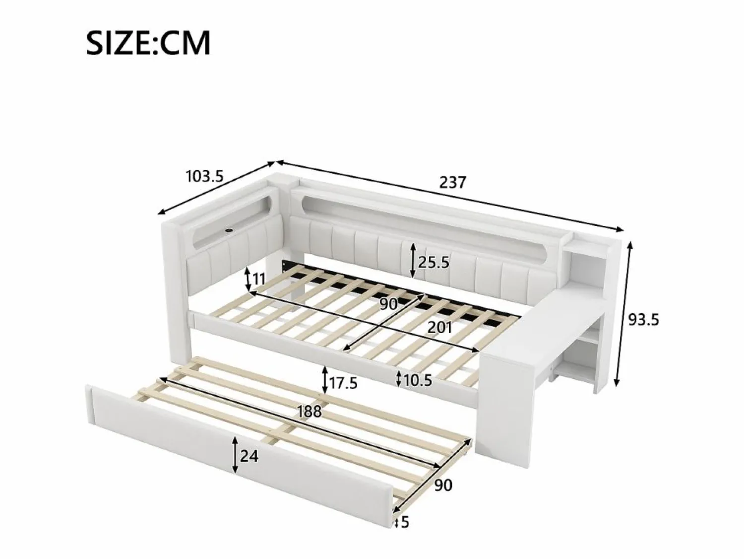 ModernLuxe Sofá cama acolchado 90x200 cm - con puertos USB y LED - con cama nido y escritorio - (sin colchón)