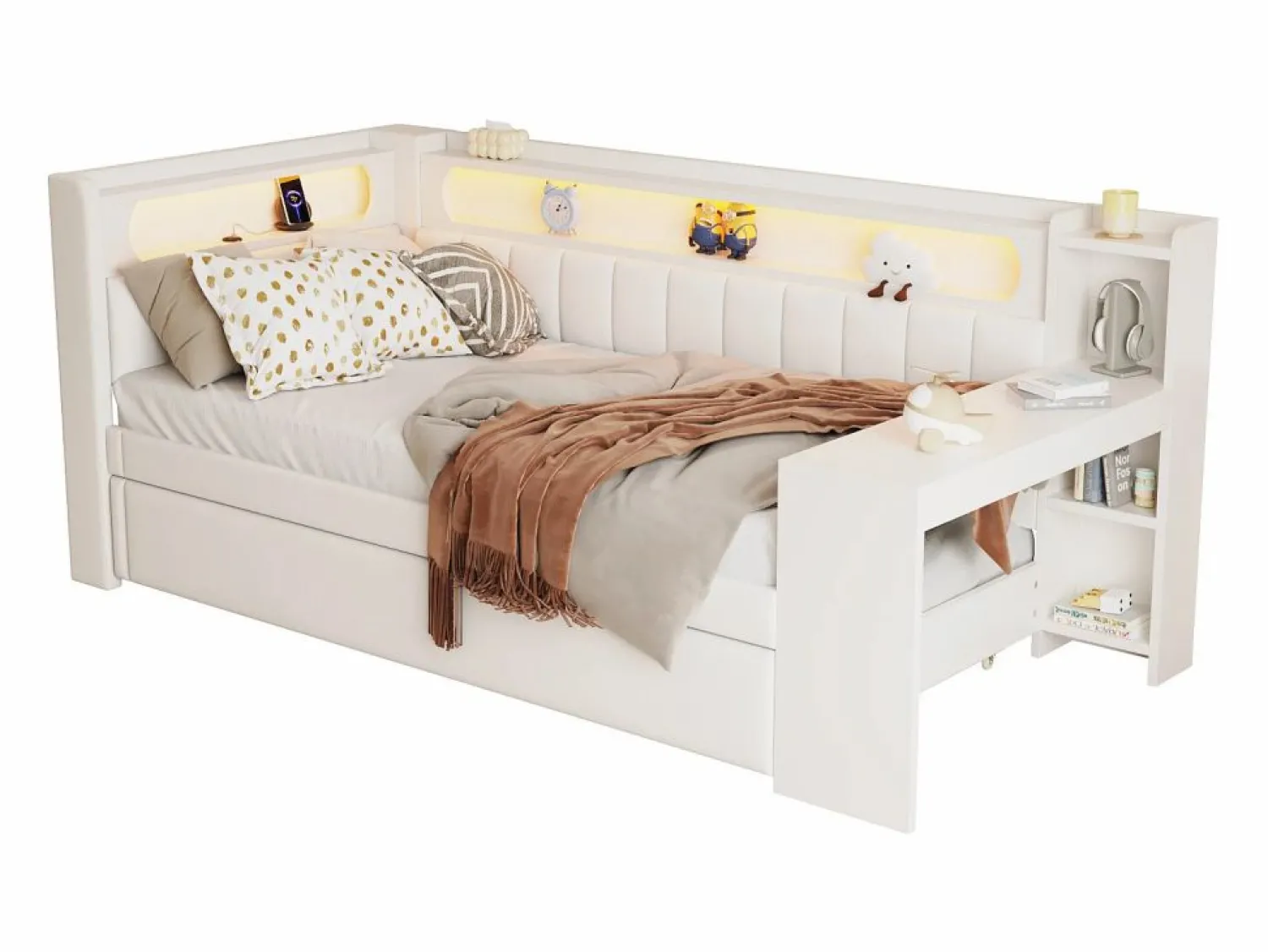 ModernLuxe Sofá cama acolchado 90x200 cm - con puertos USB y LED - con cama nido y escritorio - (sin colchón)