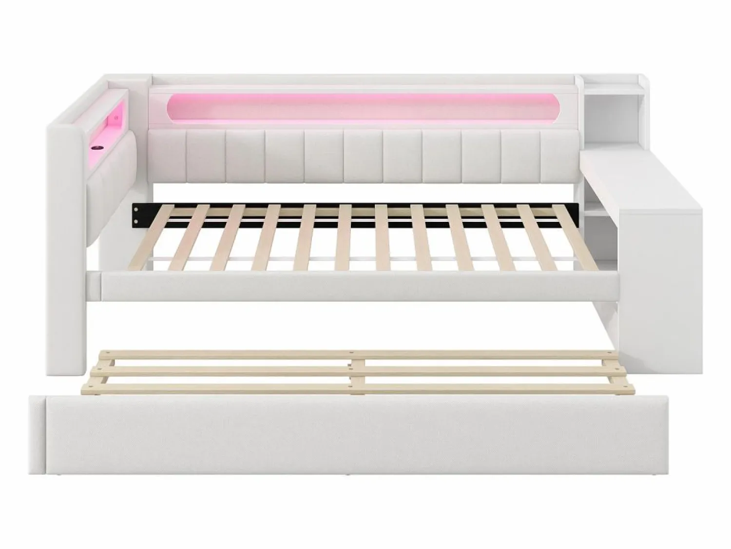 ModernLuxe Sofá cama acolchado 90x200 cm - con puertos USB y LED - con cama nido y escritorio - (sin colchón)