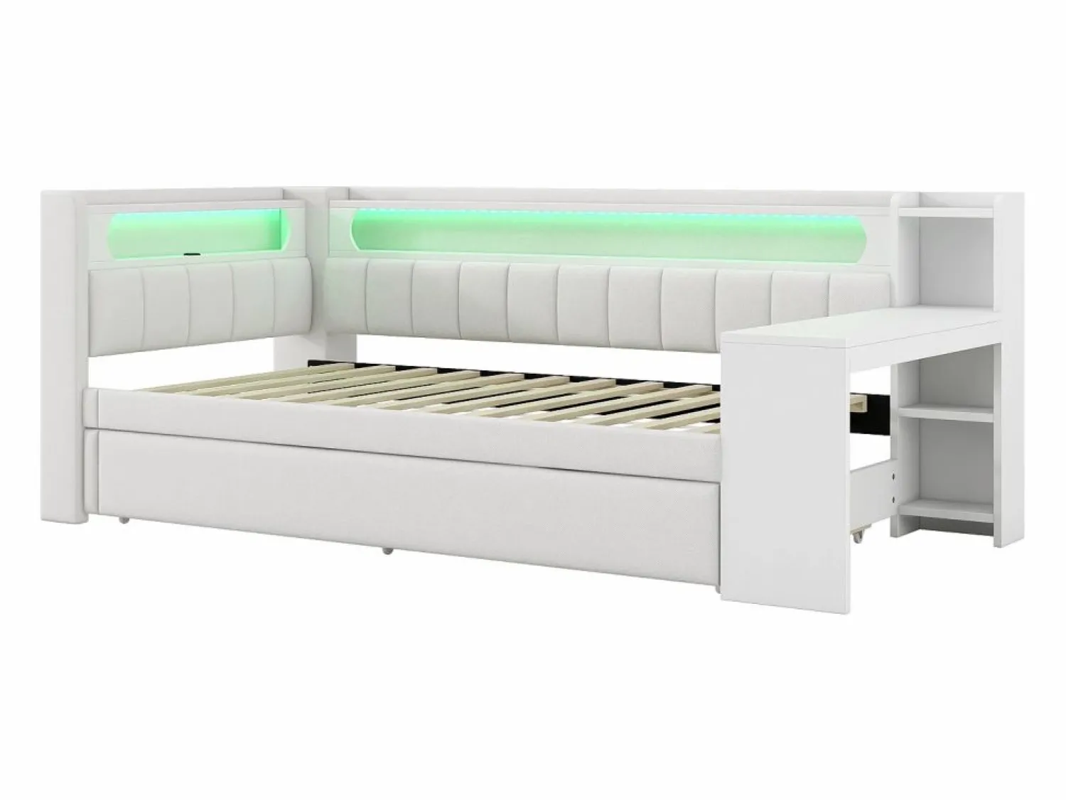 ModernLuxe Sofá cama acolchado 90x200 cm - con puertos USB y LED - con cama nido y escritorio - (sin colchón)