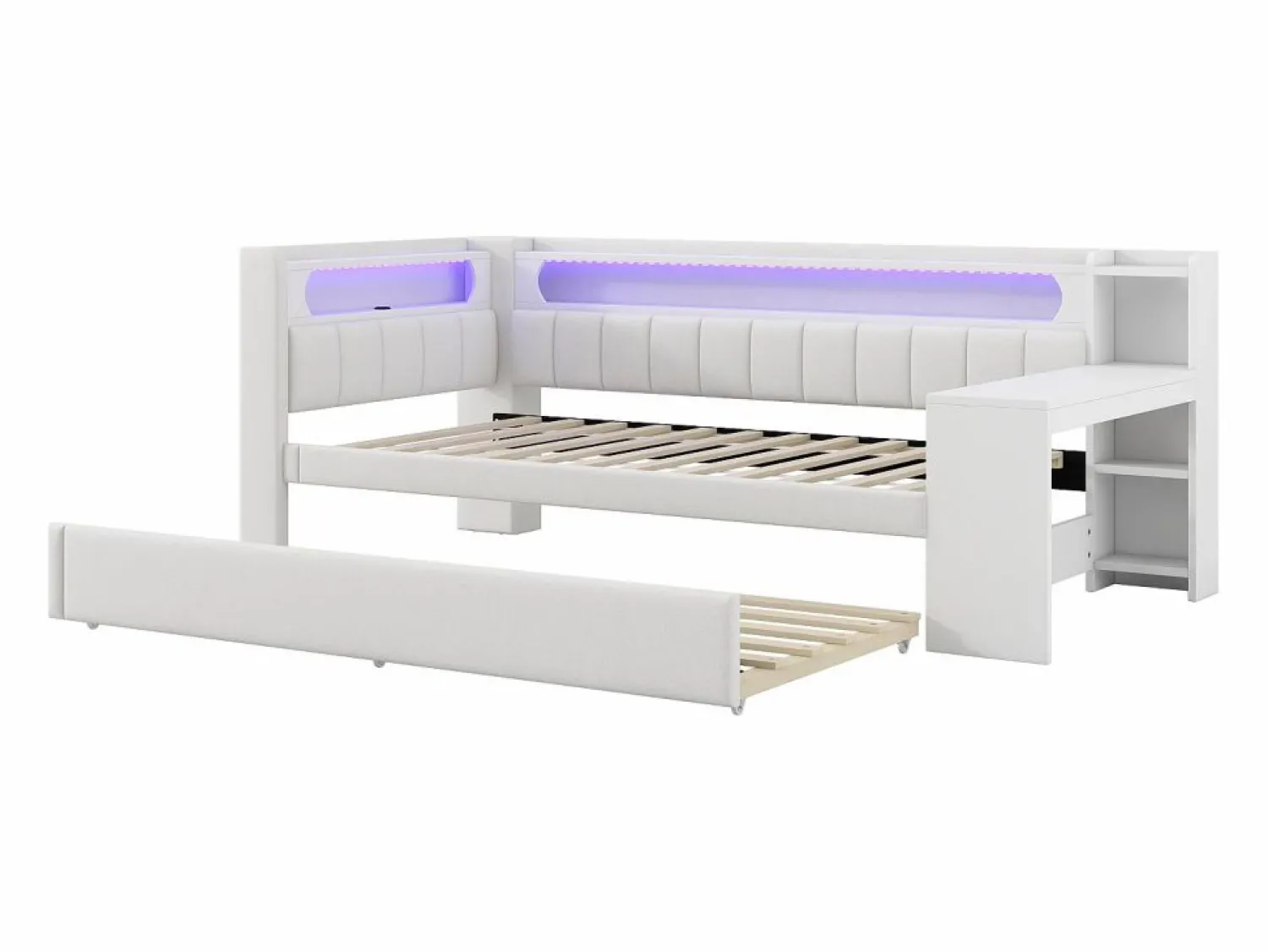 ModernLuxe Sofá cama acolchado 90x200 cm - con puertos USB y LED - con cama nido y escritorio - (sin colchón)