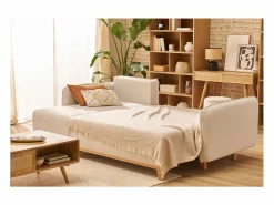 Outlet Sofá cama chaise longue reversible 3-4 plazas de tejido efecto aterciopelado texturizado y madera clara ROMANE Sofá - 4 Plazas|Sofá De Tela