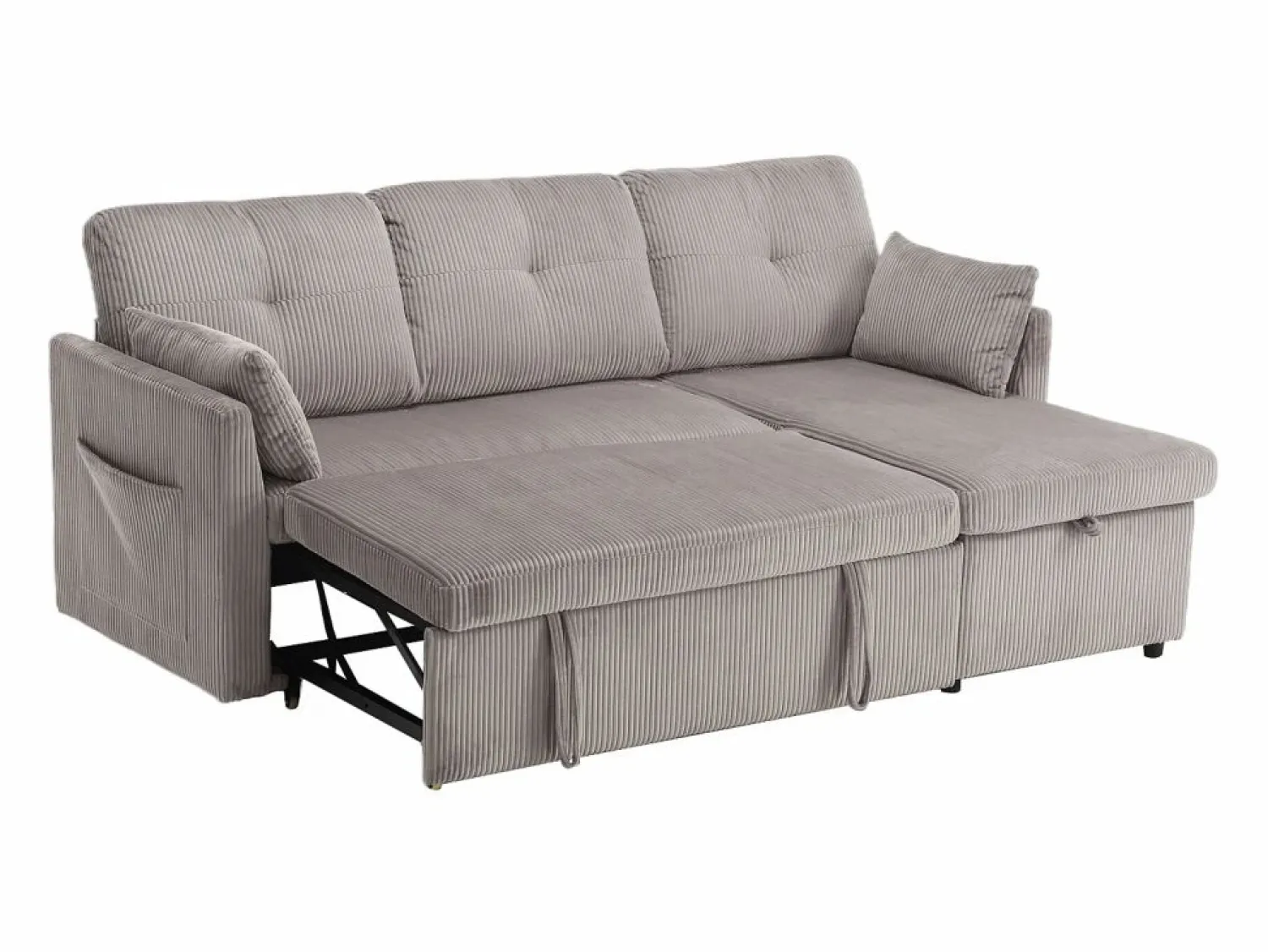 Clearance Sofá cama con chaiselongue intercambiable y bolsillos laterales cojines incluidos diseño moderno pana para salón(Sin colchón) Gris claro
