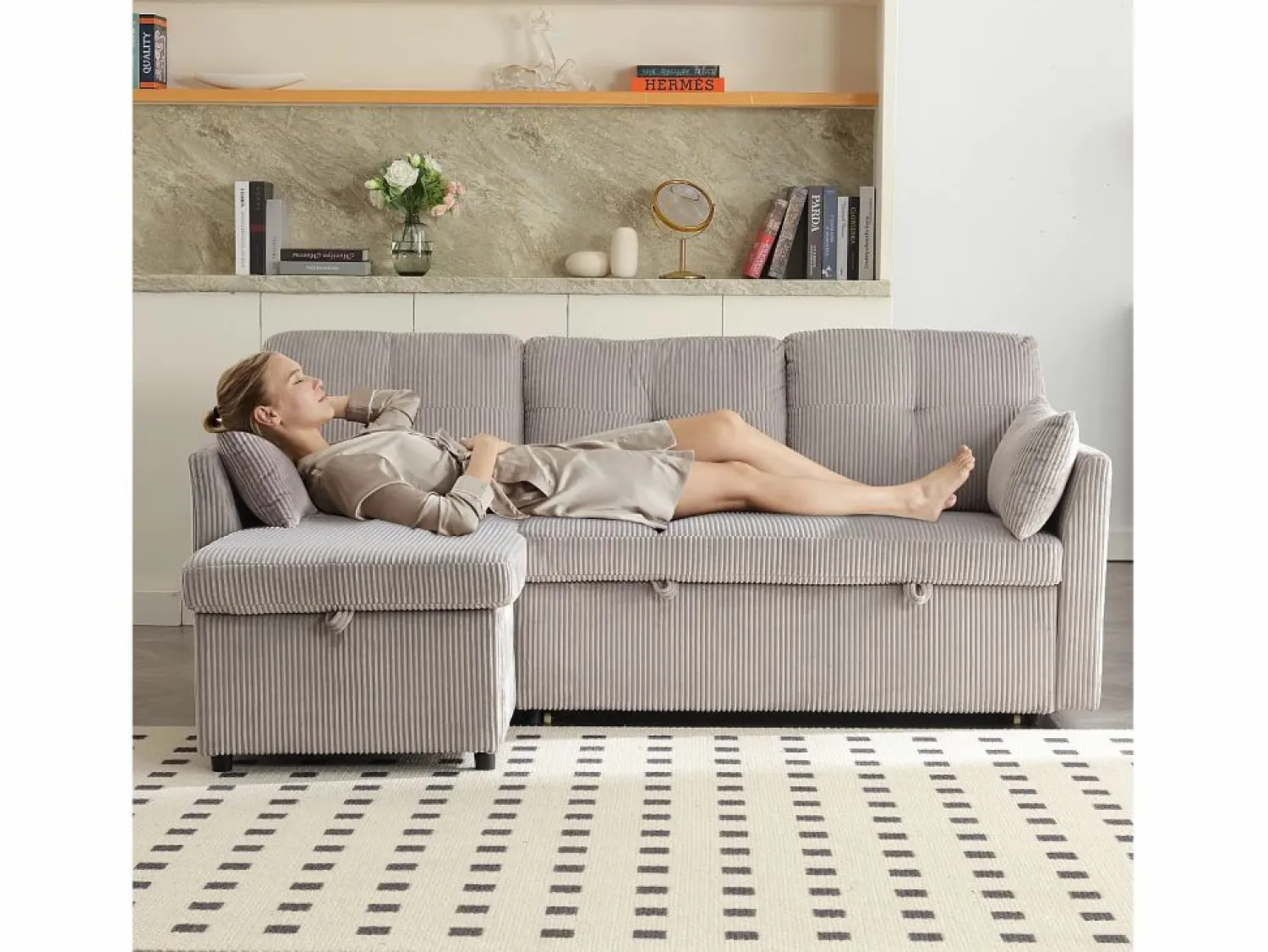 Clearance Sofá cama con chaiselongue intercambiable y bolsillos laterales cojines incluidos diseño moderno pana para salón(Sin colchón) Gris claro