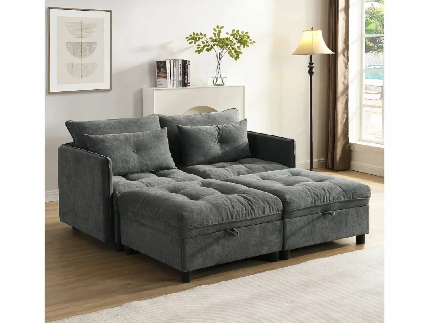 Clearance Sofá cama con chaiselongue intercambiable y bolsillos laterales cojines incluidos diseño moderno pana para salón(Sin colchón) Gris claro