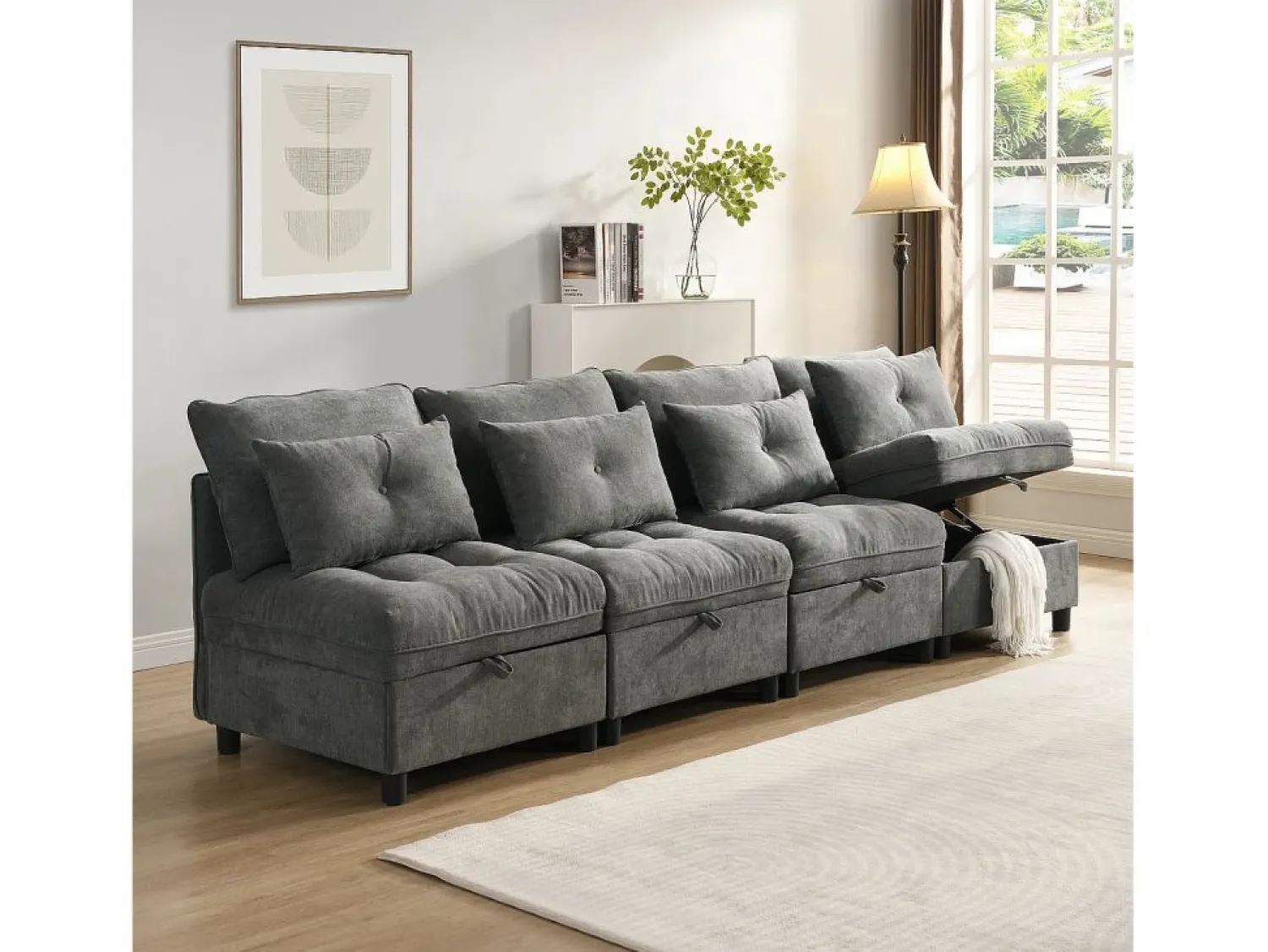 Clearance Sofá cama con chaiselongue intercambiable y bolsillos laterales cojines incluidos diseño moderno pana para salón(Sin colchón) Gris claro
