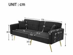 KOMHTOM Sofá cama con función de cama, ángulo ajustable, patas doradas, con cojines y bolsillos de almacenamiento laterales