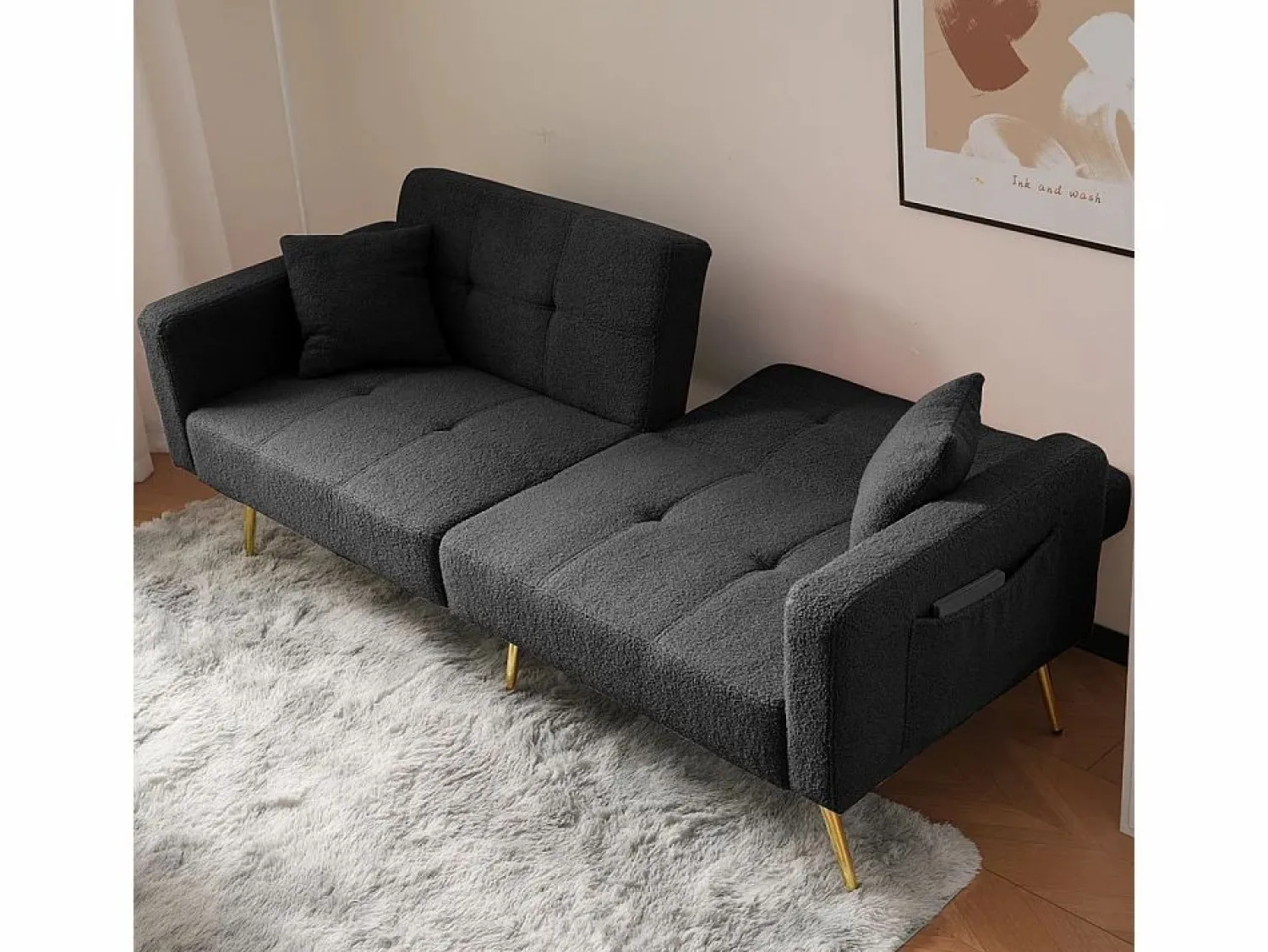KOMHTOM Sofá cama con función de cama, ángulo ajustable, patas doradas, con cojines y bolsillos de almacenamiento laterales