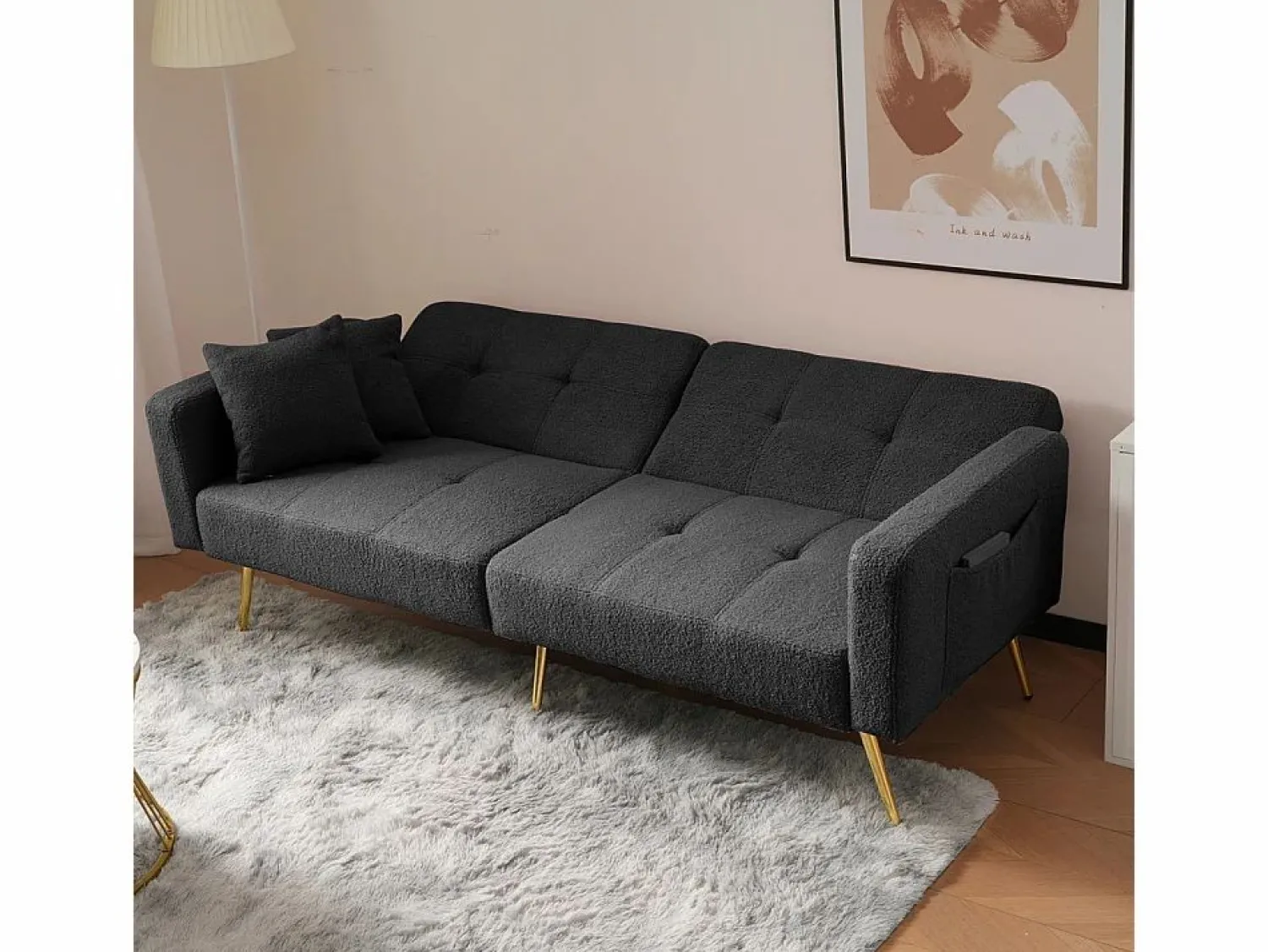 KOMHTOM Sofá cama con función de cama, ángulo ajustable, patas doradas, con cojines y bolsillos de almacenamiento laterales