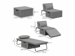 Online Sofá cama convertible 4 en 1, colchón de 8 cm, ajustable en 5 posiciones, acero, (188x75x38cm) Sillón Cama