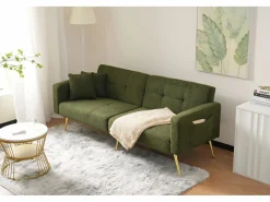Online Merax Sofá cama convertible de 2 plazas en tejido Sherpa - 175 x 64 x 72 cm - Patas de metal dorado - Verde