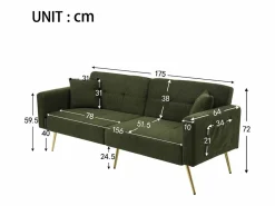 Online Merax Sofá cama convertible de 2 plazas en tejido Sherpa - 175 x 64 x 72 cm - Patas de metal dorado - Verde