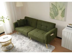 Online Merax Sofá cama convertible de 2 plazas en tejido Sherpa - 175 x 64 x 72 cm - Patas de metal dorado - Verde