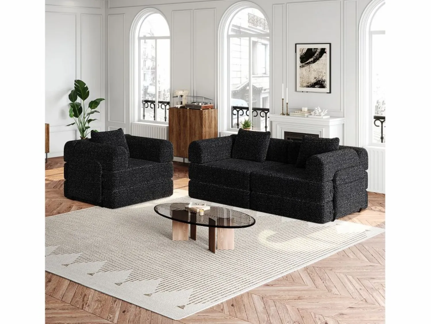 Hauss Spole Sofá cama de 3 plazas con conversión exprés en tela de chenilla negra - Múltiples combinaciones Negro