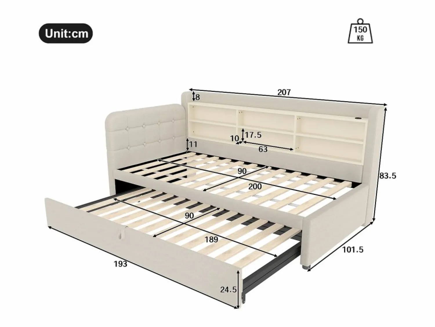 OKWISH Sofá cama de 90/180 x 200 cm, color lino, extraíble con espacio de almacenaje y puerto USB (sin colchón) Beige