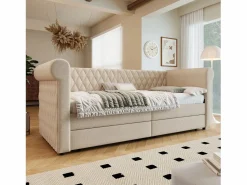 Best OKWISH Sofá cama de 90 x 200 cm, lino , cama infantil con dos cajones y somier, sin colchón Beige
