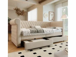 Best OKWISH Sofá cama de 90 x 200 cm, lino , cama infantil con dos cajones y somier, sin colchón Beige