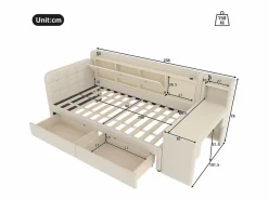 OKWISH Sofá cama de 90 x 200 cm, lino , cama para adulto con escritorio, 2 cajones y puerto USB (sin colchón)