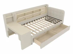 OKWISH Sofá cama de 90 x 200 cm, lino , cama para adulto con escritorio, 2 cajones y puerto USB (sin colchón)