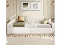 OKWISH Sofá cama de 140 x 200 cm, lino , canapé con tira de luz LED y somier (colchón no incluido)