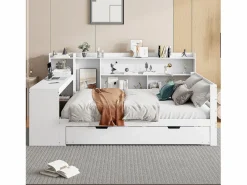 Hot Sofá cama de madera maciza 140x200 cm - con escritorio + librería - compartimentos de almacenamiento + estantes - con enchufes - con cama nido - blanco Cama Diván|Cama Nido