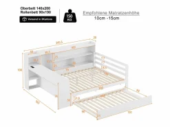 Hot Sofá cama de madera maciza 140x200 cm - con escritorio + librería - compartimentos de almacenamiento + estantes - con enchufes - con cama nido - blanco Cama Diván|Cama Nido