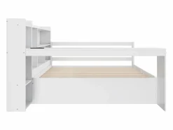Hot Sofá cama de madera maciza 140x200 cm - con escritorio + librería - compartimentos de almacenamiento + estantes - con enchufes - con cama nido - blanco Cama Diván|Cama Nido