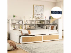 Hot Sofá cama de madera maciza 90×200 cm - con 2 cajones - múltiples almacenamientos - con puerto de carga - (sin colchón) Cama Diván