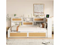 Hot Sofá cama de madera maciza 90×200 cm - con 2 cajones - múltiples almacenamientos - con puerto de carga - (sin colchón) Cama Diván
