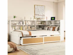 Hot Sofá cama de madera maciza 90×200 cm - con 2 cajones - múltiples almacenamientos - con puerto de carga - (sin colchón) Cama Diván