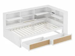 Hot Sofá cama de madera maciza 90×200 cm - con 2 cajones - múltiples almacenamientos - con puerto de carga - (sin colchón) Cama Diván