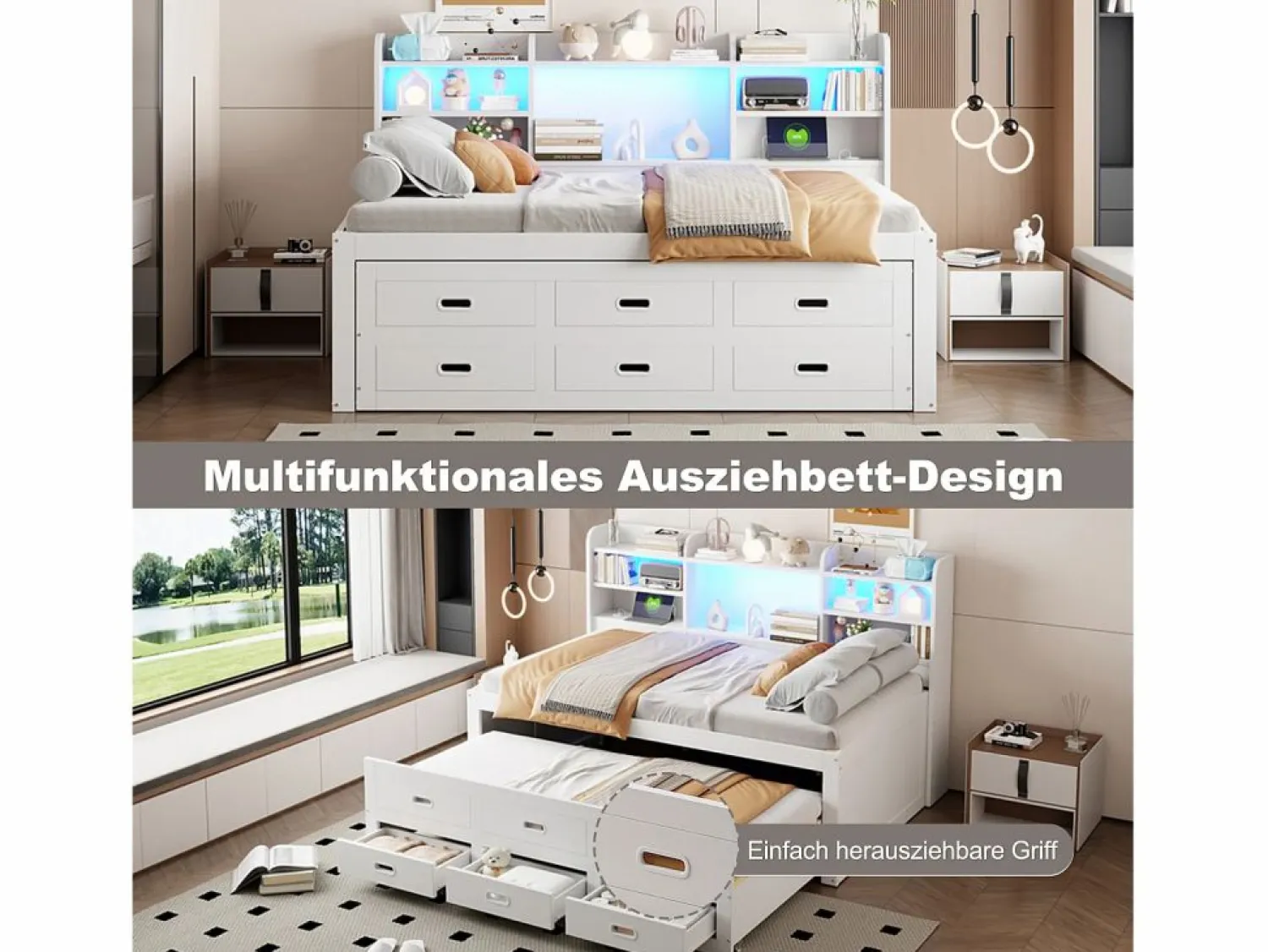 Merax Sofá cama extraíble - 90 x 200 cm + 90 x 190 cm - con LED + 3 cajones + mesita de noche + USB + Tipo C - aglomerado + MDF -