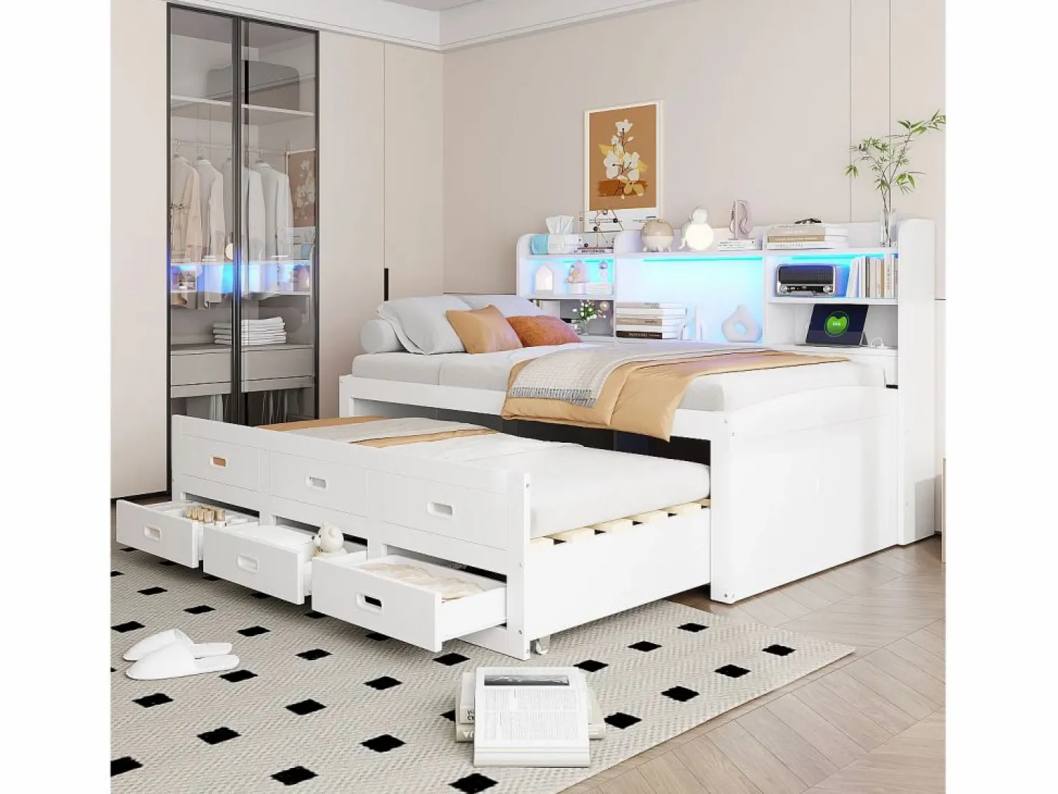 Merax Sofá cama extraíble - 90 x 200 cm + 90 x 190 cm - con LED + 3 cajones + mesita de noche + USB + Tipo C - aglomerado + MDF -