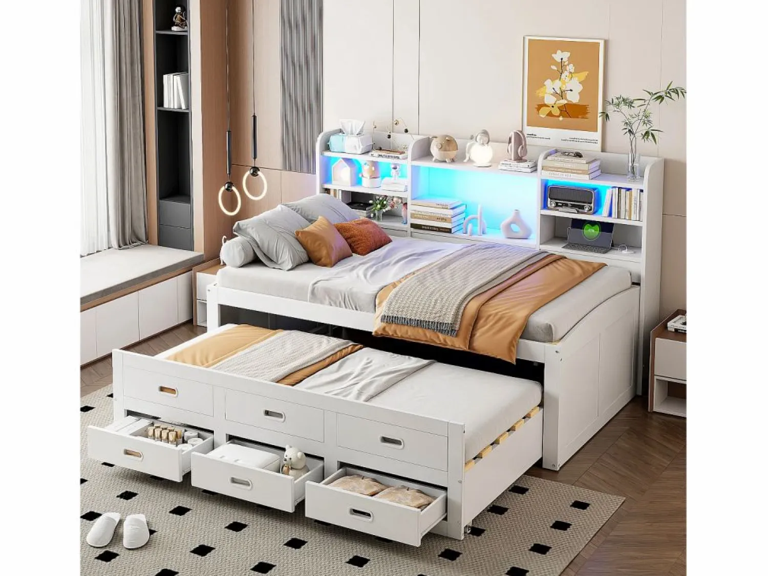 Merax Sofá cama extraíble - 90 x 200 cm + 90 x 190 cm - con LED + 3 cajones + mesita de noche + USB + Tipo C - aglomerado + MDF -