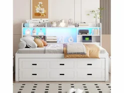 Merax Sofá cama extraíble - 90 x 200 cm + 90 x 190 cm - con LED + 3 cajones + mesita de noche + USB + Tipo C - aglomerado + MDF -