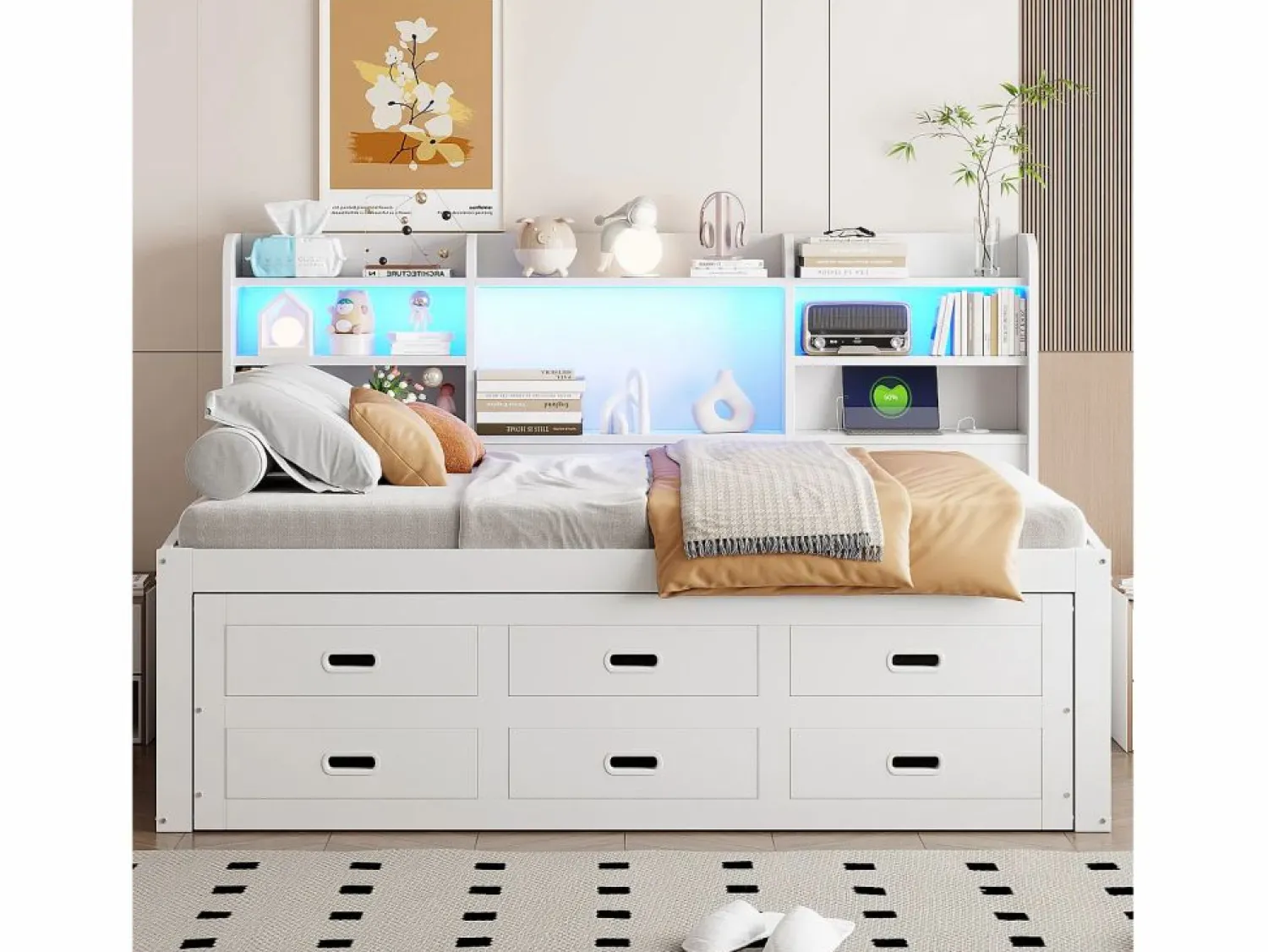 Merax Sofá cama extraíble - 90 x 200 cm + 90 x 190 cm - con LED + 3 cajones + mesita de noche + USB + Tipo C - aglomerado + MDF -