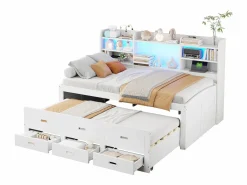 Merax Sofá cama extraíble - 90 x 200 cm + 90 x 190 cm - con LED + 3 cajones + mesita de noche + USB + Tipo C - aglomerado + MDF -