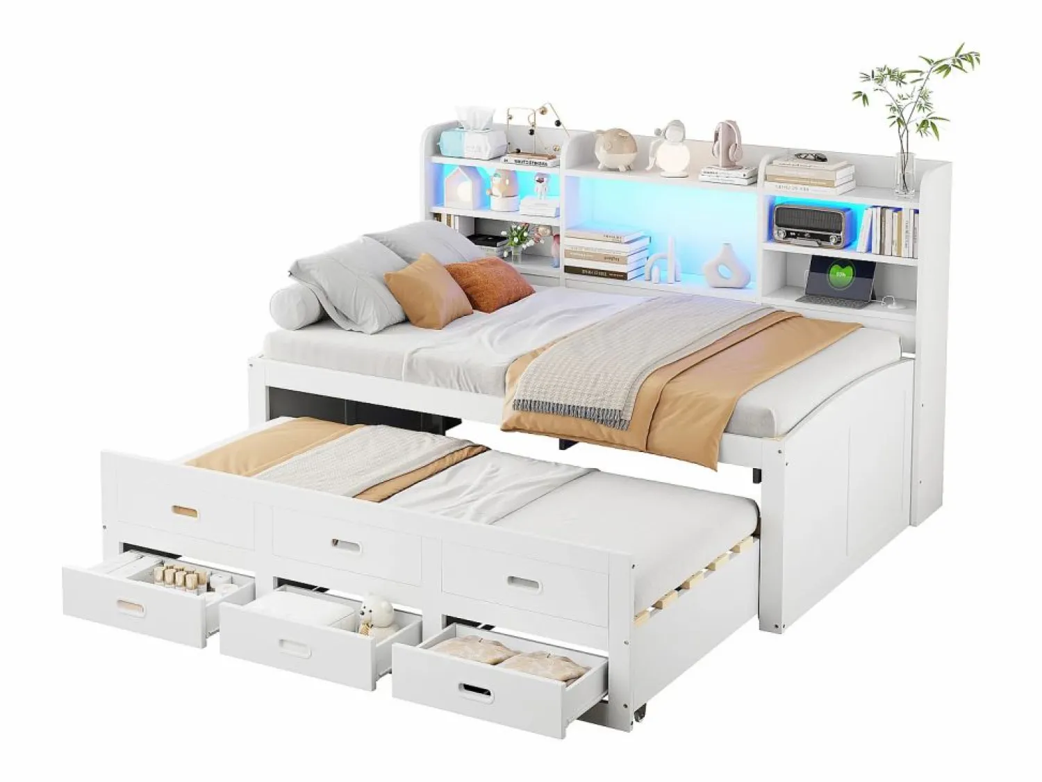 Merax Sofá cama extraíble - 90 x 200 cm + 90 x 190 cm - con LED + 3 cajones + mesita de noche + USB + Tipo C - aglomerado + MDF -