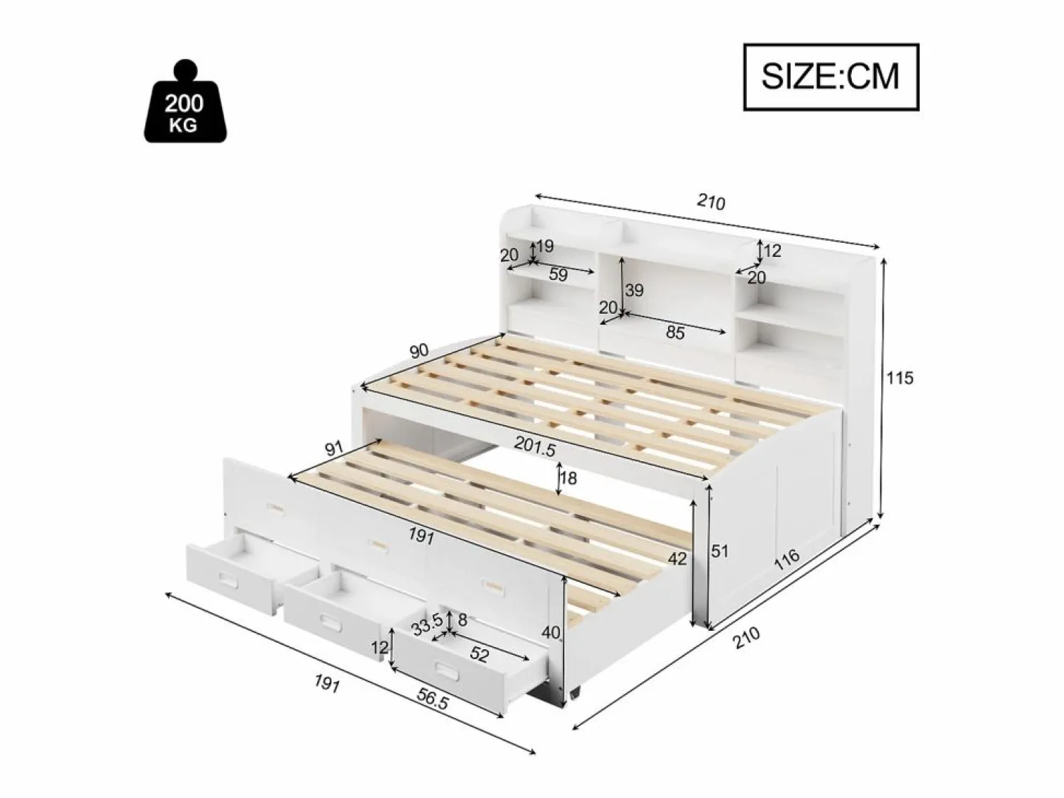 Merax Sofá cama extraíble - 90 x 200 cm + 90 x 190 cm - con LED + 3 cajones + mesita de noche + USB + Tipo C - aglomerado + MDF -