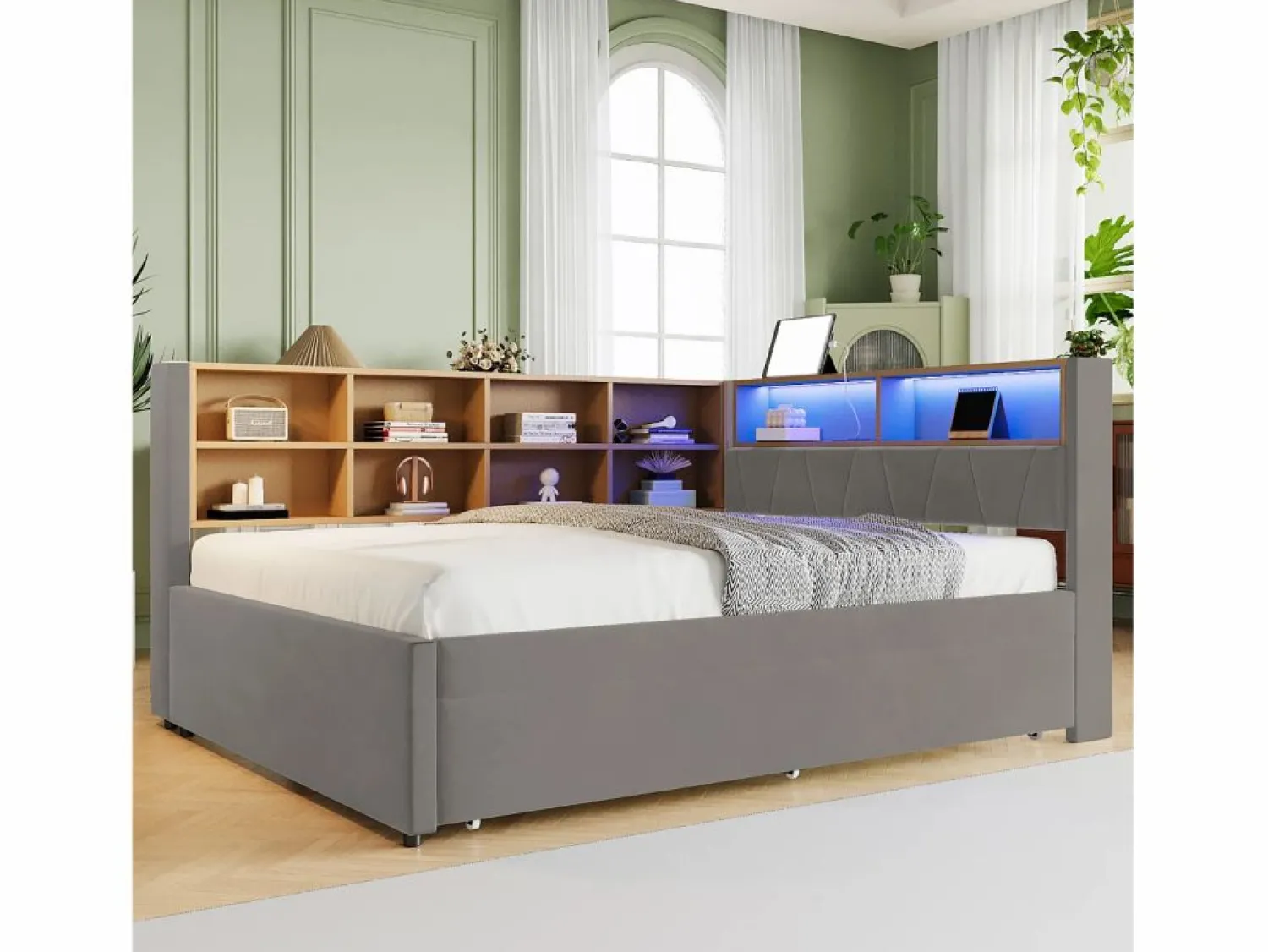 Best Merax Sofá cama extraíble tapizado - 140 x 200 cm + 90 x 190 cm - LED y enchufes - con almacenaje - Tejido de franela - claro Gris