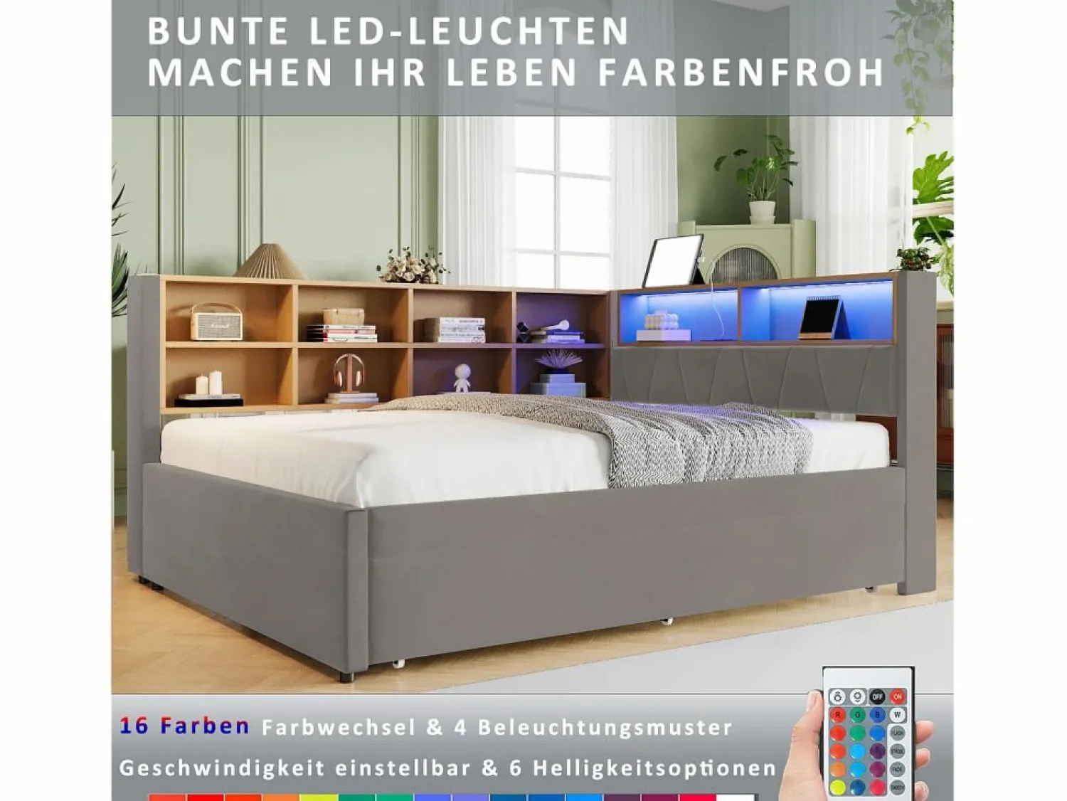 Best Merax Sofá cama extraíble tapizado - 140 x 200 cm + 90 x 190 cm - LED y enchufes - con almacenaje - Tejido de franela - claro Gris