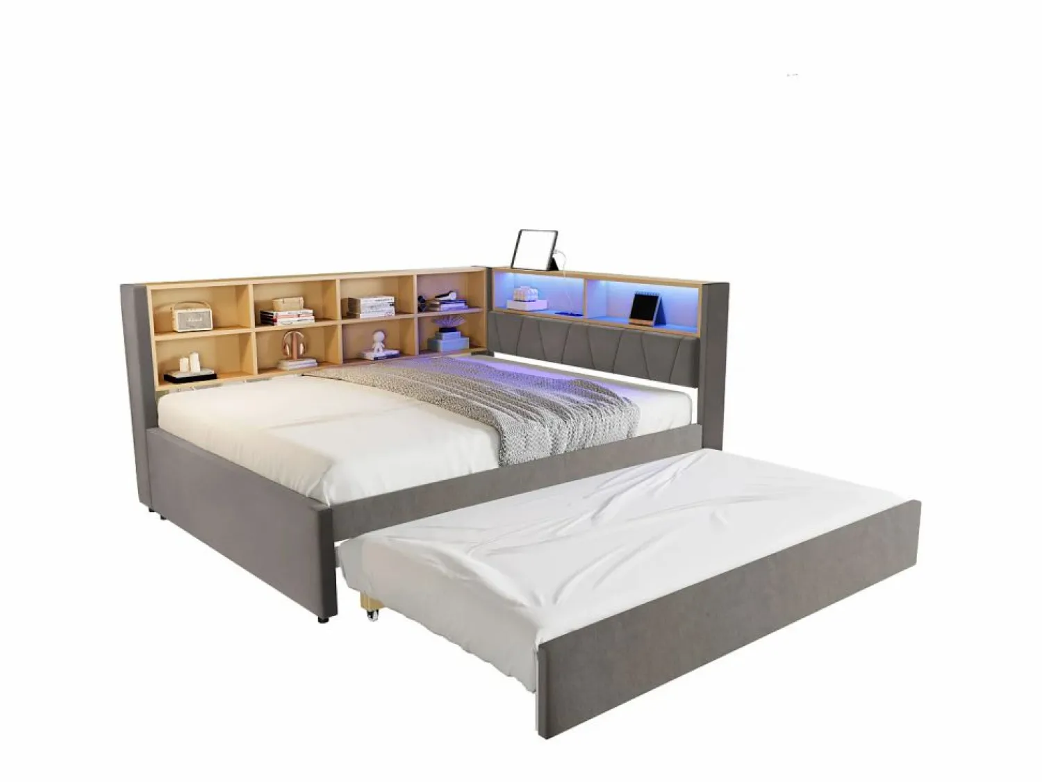 Best Merax Sofá cama extraíble tapizado - 140 x 200 cm + 90 x 190 cm - LED y enchufes - con almacenaje - Tejido de franela - claro Gris