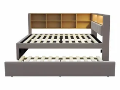 Best Merax Sofá cama extraíble tapizado - 140 x 200 cm + 90 x 190 cm - LED y enchufes - con almacenaje - Tejido de franela - claro Gris
