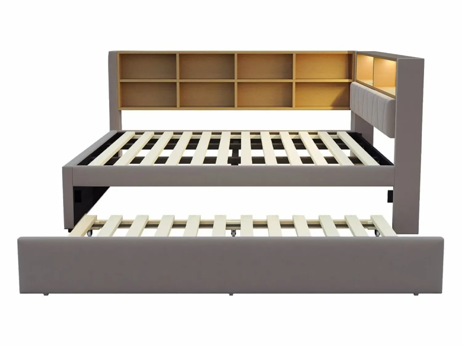 Best Merax Sofá cama extraíble tapizado - 140 x 200 cm + 90 x 190 cm - LED y enchufes - con almacenaje - Tejido de franela - claro Gris